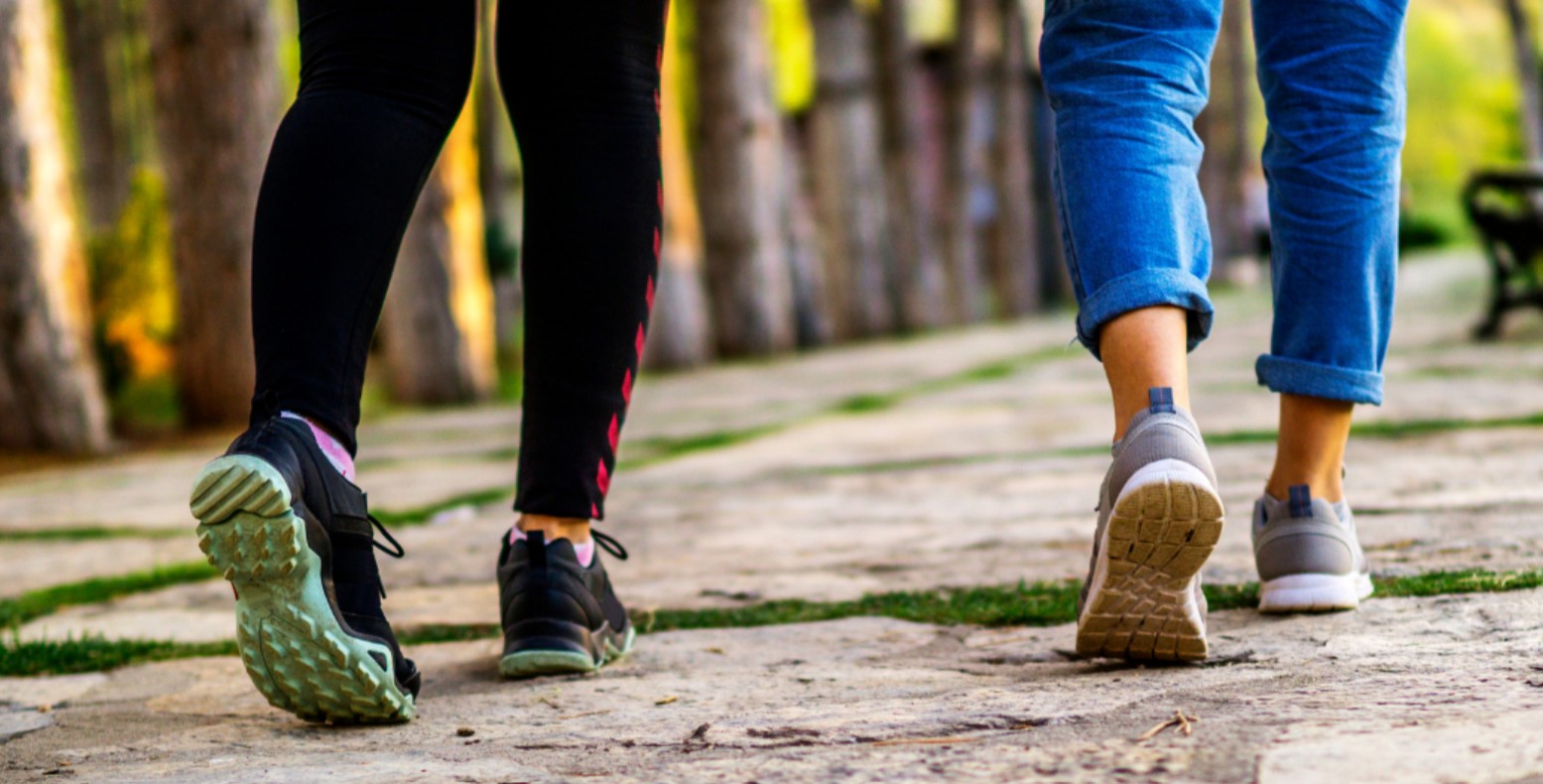 Two people walking away from the camera on a track next to trees